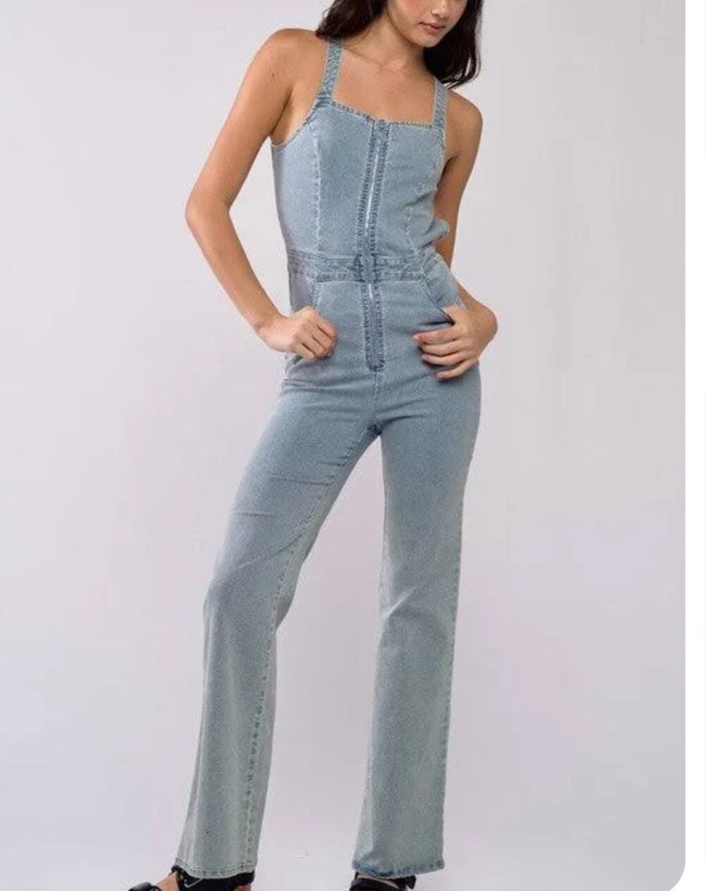 Blue Blush light Denim Jumpsuit backless Womens Small Revolve Flare pants NWOT